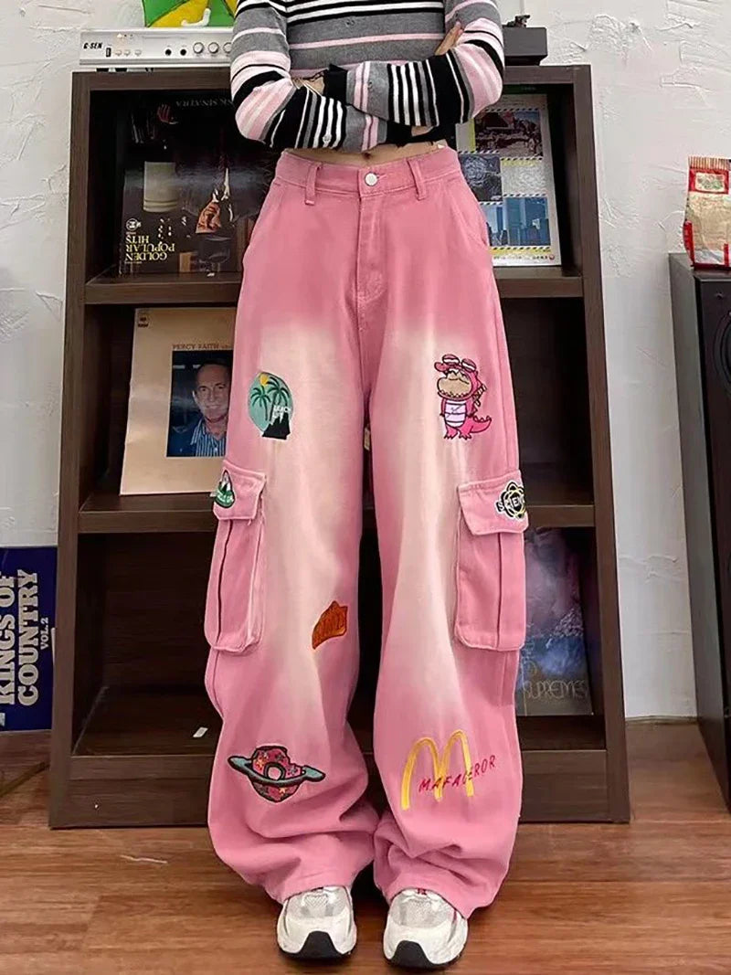 Cartoon Baggy Cargo Jeans for Women 2024 Spring Waist Slimming
