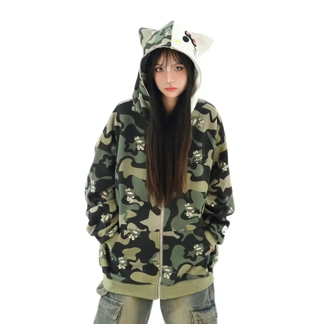 Japanese Y2k Clothing Versatile Hoodies Patchwork Hoodie Full Zip Kawaii