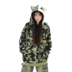 Japanese Y2k Clothing Versatile Hoodies Patchwork Hoodie Full Zip Kawaii