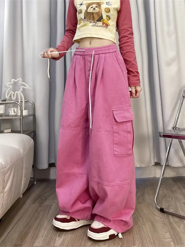 Y2K Fashion Drawstring Casual Cargo Jeans Clothing Straight Wide Leg Sweatpants