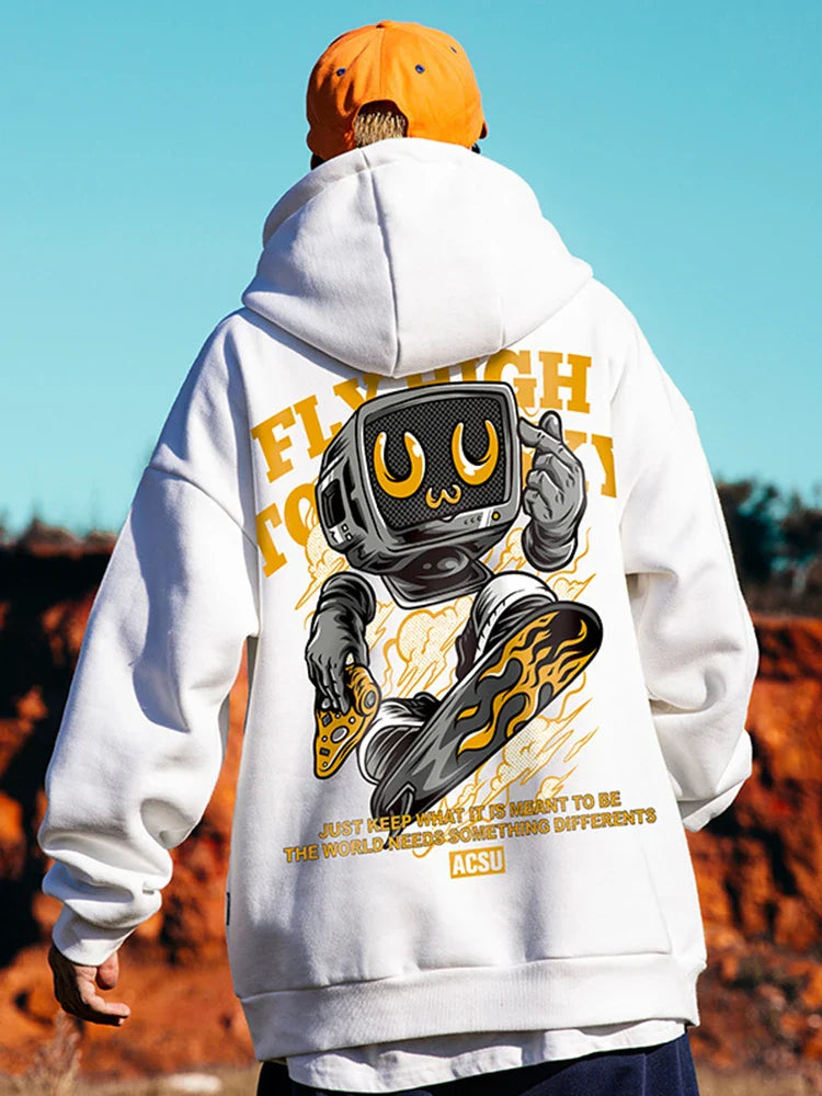 Autumn Skateboard Robot Print Fleece Hip Hop Fashion Pocket Hoodies Y2K Streetwear