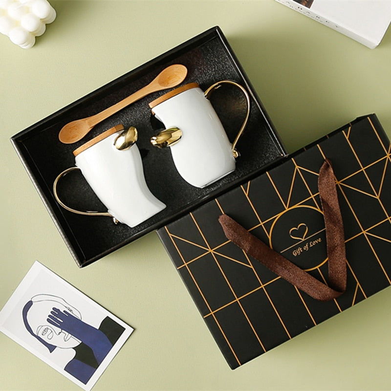 Coffee Mug With Spoon Gold Handle Cup Ceramic