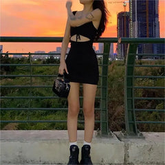 Summer Sexy Mini Dress Women Sleeveless Strap Streetwear Backless Folds Bodycon