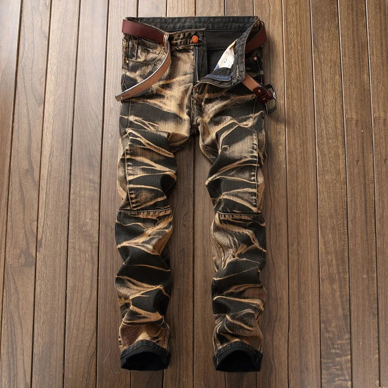 Casual Mid-rise Coated Slim Straight Pleated Biker Jeans Pants