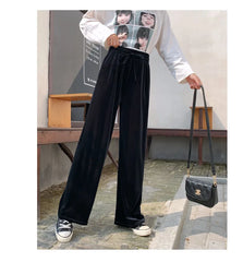Y2K Korean Style Black Velvet Wide Leg Pants Elegant Casual Fashion for Women