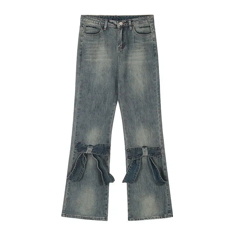 Y2k Vintage Flare Jeans Women Bow Patchwork Korean Streetwear Baddies Denim