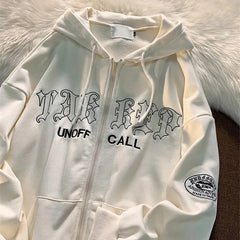 Women's Retro Oversized Loose Zipper Hoodie for Autumn and Winter - Letter Embroidery Pattern