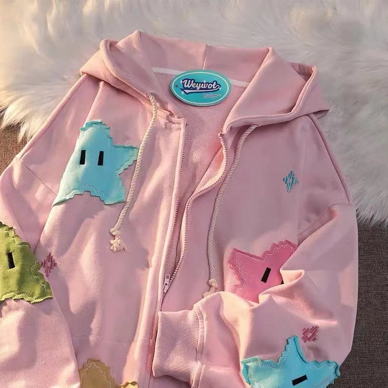 Spring Autumn Print Women's Vintage Hoodie Zip Up Tops