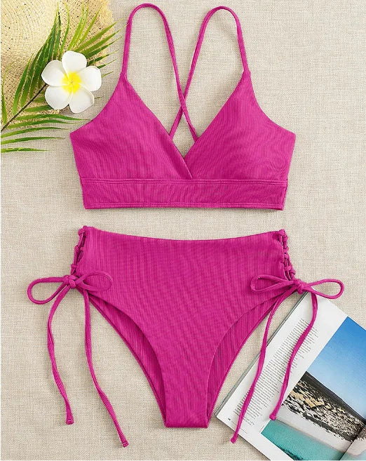 Cikini V-Neck Lace Up Bikini - Solid Color Swimwear