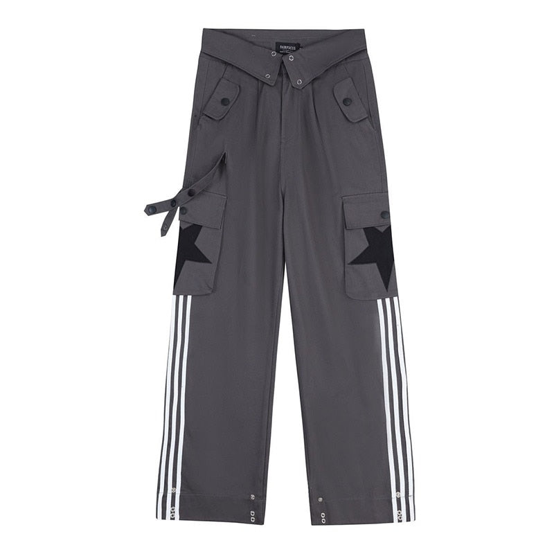 Y2K Women's Cargo Pants for Autumn 2023: Loose Fit, Star and Striped Design, Big Pockets, Harajuku Style