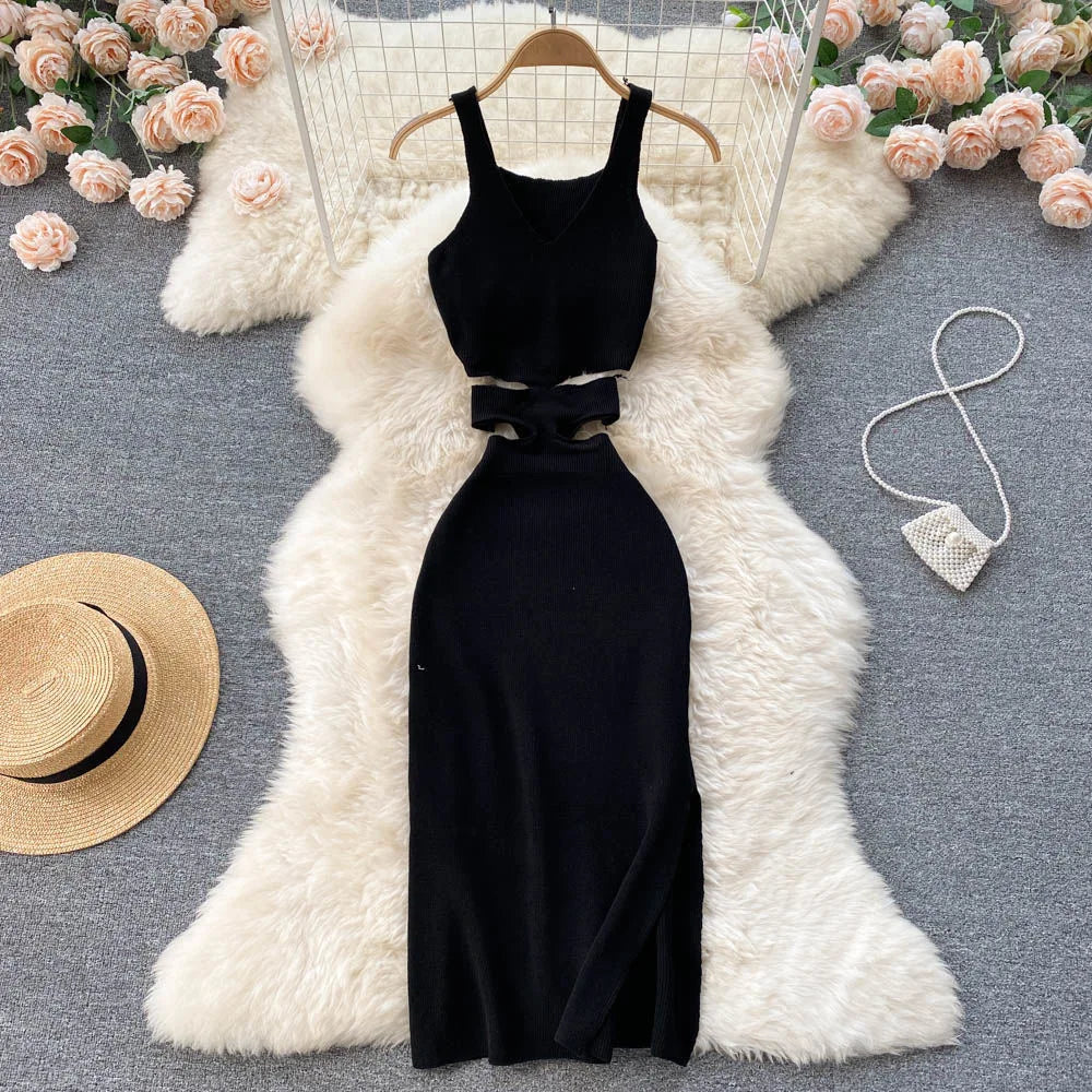 Hips Split Bodycon Dress Summer Fashion Lady Knitted Party Vestidos Sundress