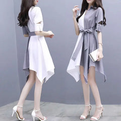 Striped Spliced Bandage Bow Asymmetrical Casual Dresses Women Clothing 2024