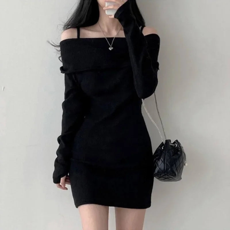 Korean Off-Shoulder Suspender Knit Dress for Women