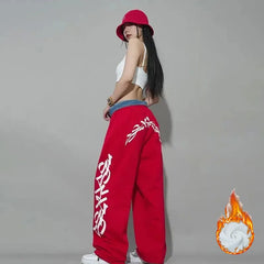 Red Alphabet Loose Drawstring Pants American Street Hip Hop Style