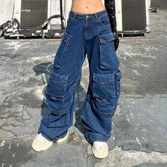 Chic Vintage High Waist Cargo Pants Trendy Women's Casual Wide Leg Jeans