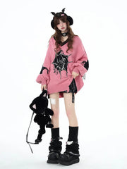 Loose Tassel Knit V-Neck Jacquard Lantern Sleeve Sleeves Sweater Autumn and Winter