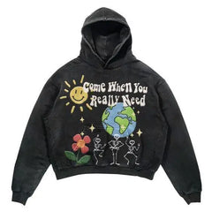 Y2K American Retro Comic Print Harajuku Street Loose Hooded Sweater for Men