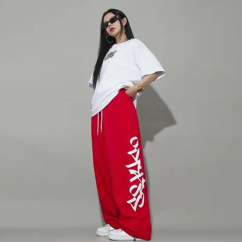 Street Alphabet Red Loose Straight Drawstring Mopping Casual Pants Jazz Dance