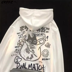 Super Soft Velvet Winter Coat Y2K Anime Hoodies Japanese Cat Kanji Graphic Sweatshirt Loose Oversized Streetwear