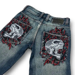 Retro Flame Skull High-Waist Jeans Harajuku Slim Denim for Women