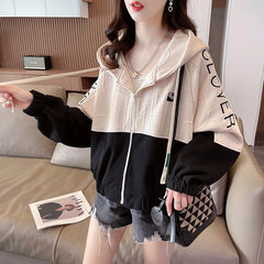 Spring Autumn Women's Zipper Hoodies Contrast Style Loose Hooded