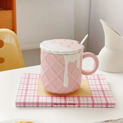 Biscuit Pattern Coffee Mug With Lid And Spoon Kawaii Water Cup Summer Winter