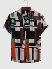 Men's Cotton Geometric Spliced Print Button Turn-down Collar Shirt: Vintage Streetwear Vacation Tops