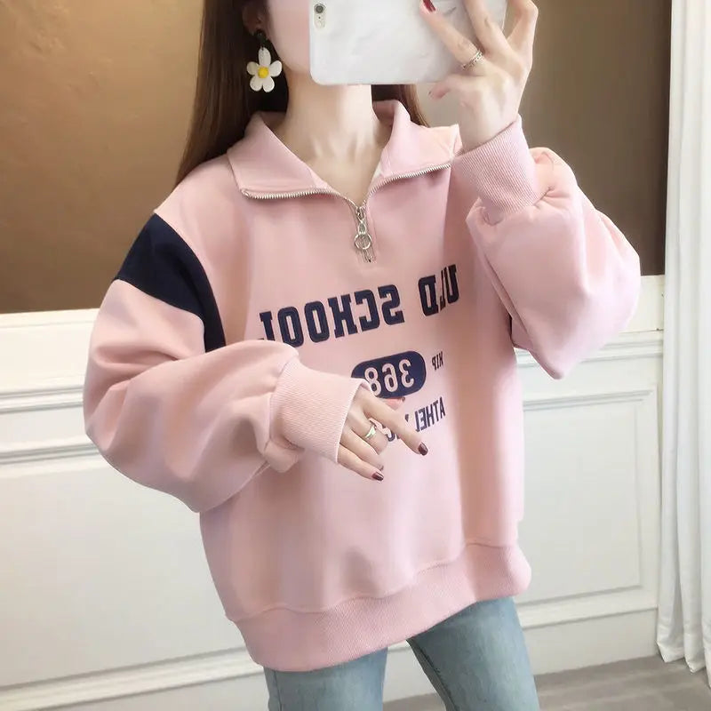 Zipper Spliced Printed Letter Sweatshirts Female Clothing 2024 Spring New Loose All-match