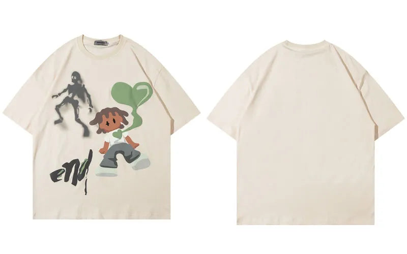 Men's Harajuku Streetwear Oversized T-Shirt with Funny Ghost Heart Graphic