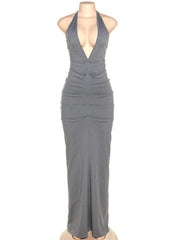 Ruched Halter Maxi Backless Dress