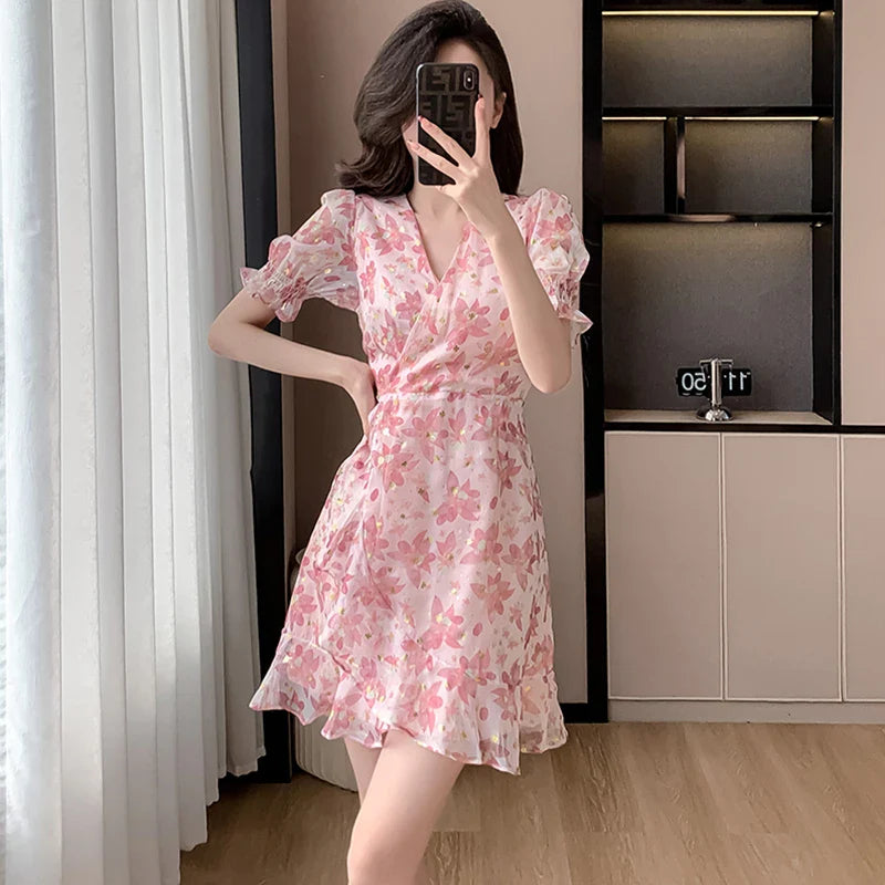 2024 Pink Floral Chiffon Sequins Prom Clothes Women Short Sleeve V-Neck Casual