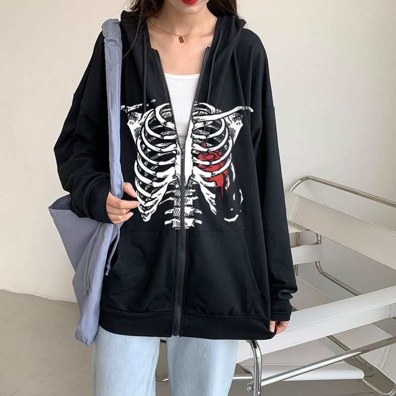 Y2K Dark Skull Skeleton Zip Up Hoodie Men's Oversized Jackets, Gothic Couple's Harajuku Fashion Sweatshirt