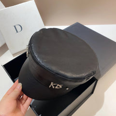 Black Leather Flat Top Baker Boy Hat