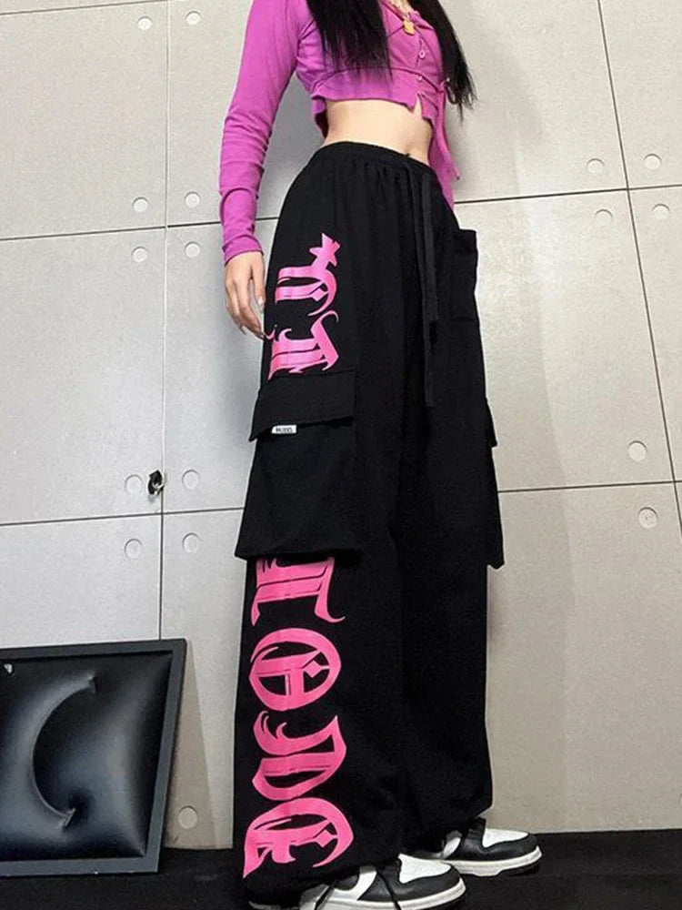 Y2K Cargo Retro Pink Printed Trousers Street Hip Hop Loose Casual Harajuku