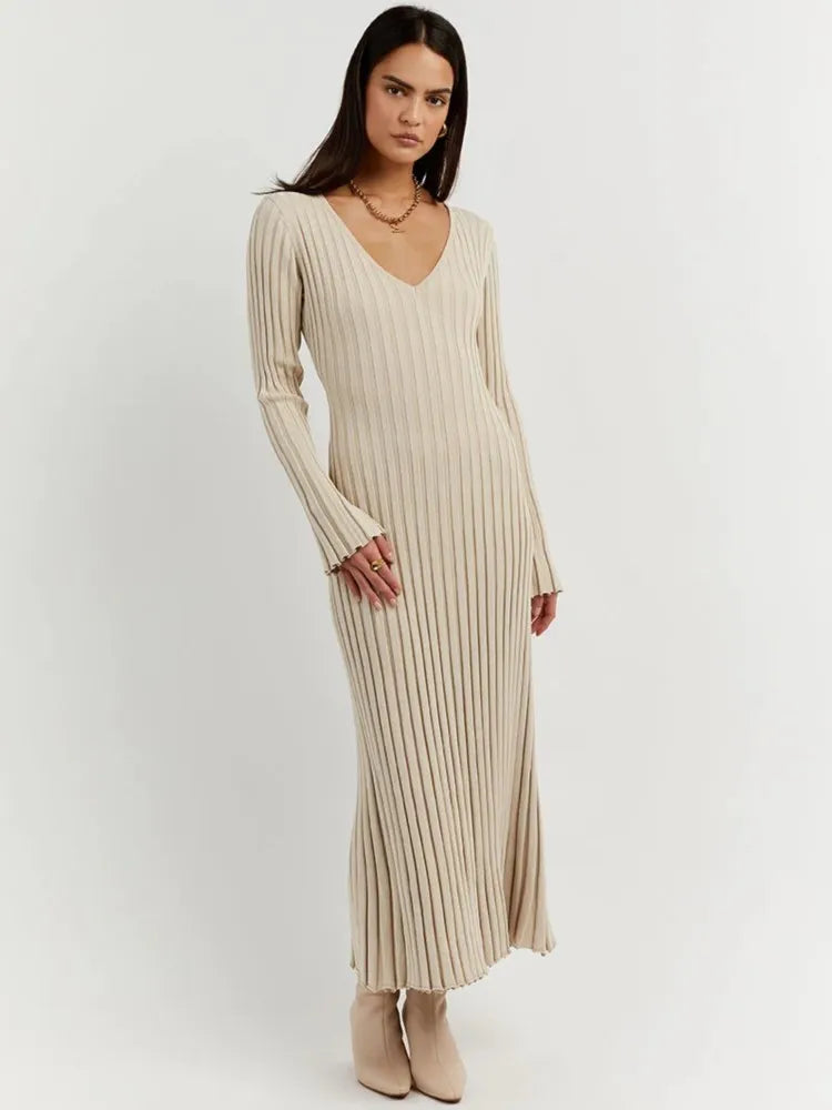 Chic Knit Elegance: Solid Ribbed Midi Dress for Women