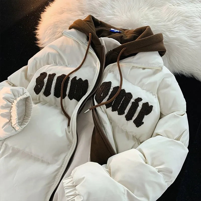 Korean Style Retro Oversize Hooded Jacket for Women with Letter Embroidery Winter Coat