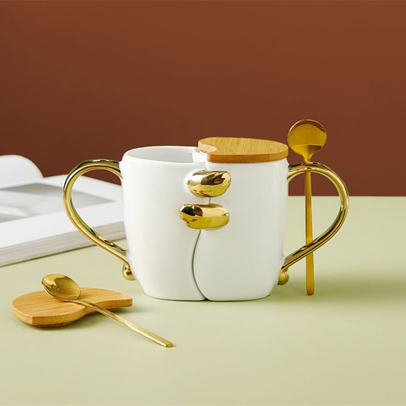 Coffee Mug With Spoon Gold Handle Cup Ceramic