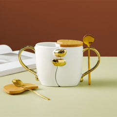 Coffee Mug With Spoon Gold Handle Cup Ceramic