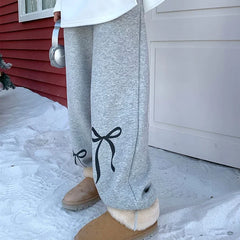 Y2K Bow Print Fleece Sweatpants Women Korean Style Fairycore Pink