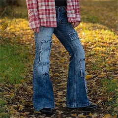 Casual Patch Stretch American Style Men's Flared Jeans