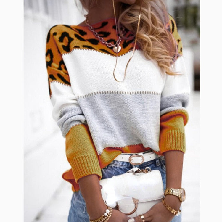 Sweater Color Leopard Print Knit Long Sleeve Top Vintage Streetwear Oversized Pullover