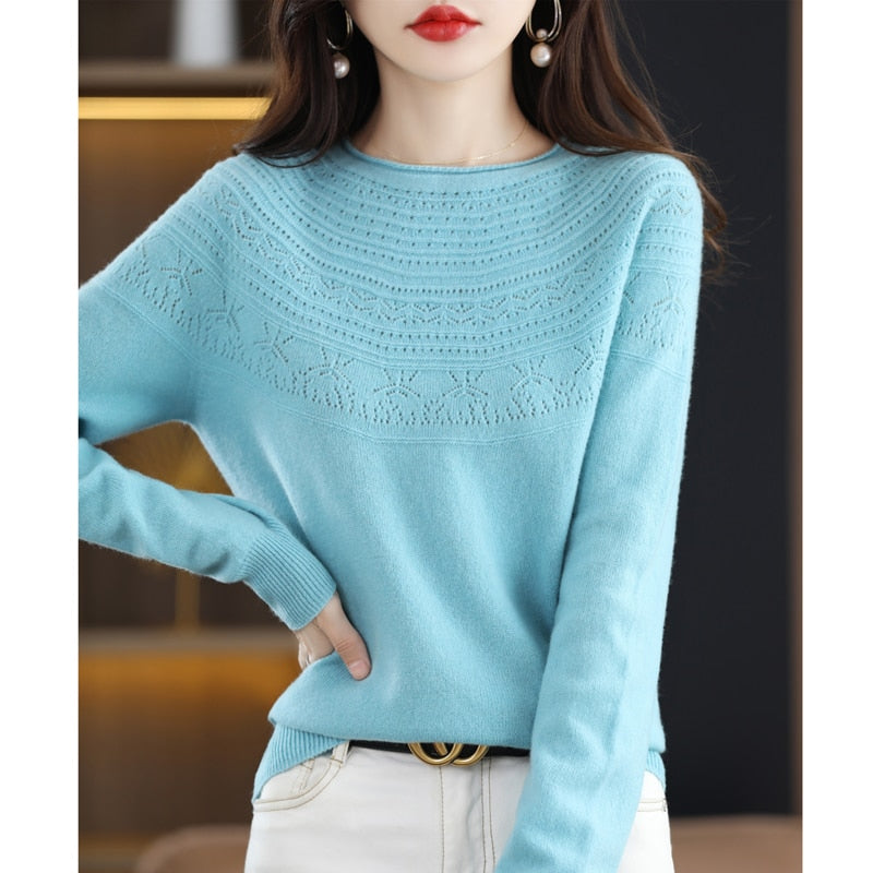 Autumn Winter New Seamless One-Line Pullover WooL Round S Neck UpperBody Hollow