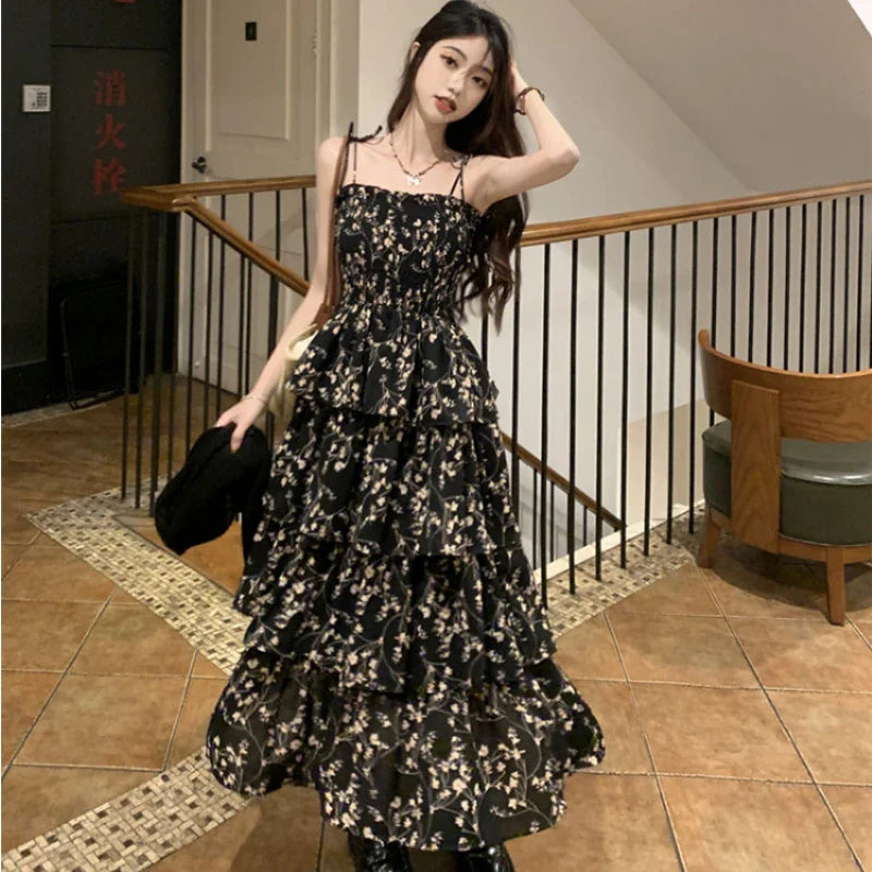 Y2k Korean Style One Piece Floral Dress Women Vintage Elegant Layered High