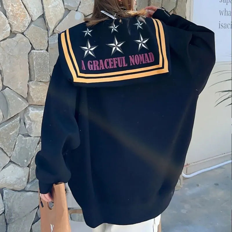 Spring Autumn Letter Printed Sweatshirts Korean Loose V-Neck Shawl Casual Spliced