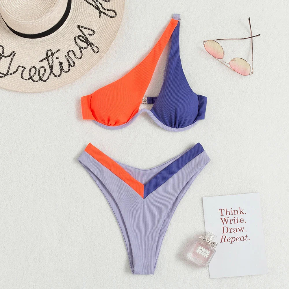 Color Block Rib Push Up Women Bikini