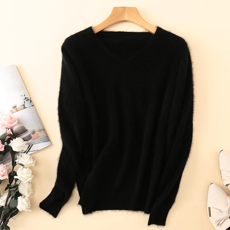 Sweater woman V-Neck Knitted Pullover Mink Cashmere Jumper Female  Soft Super Warm Sweater