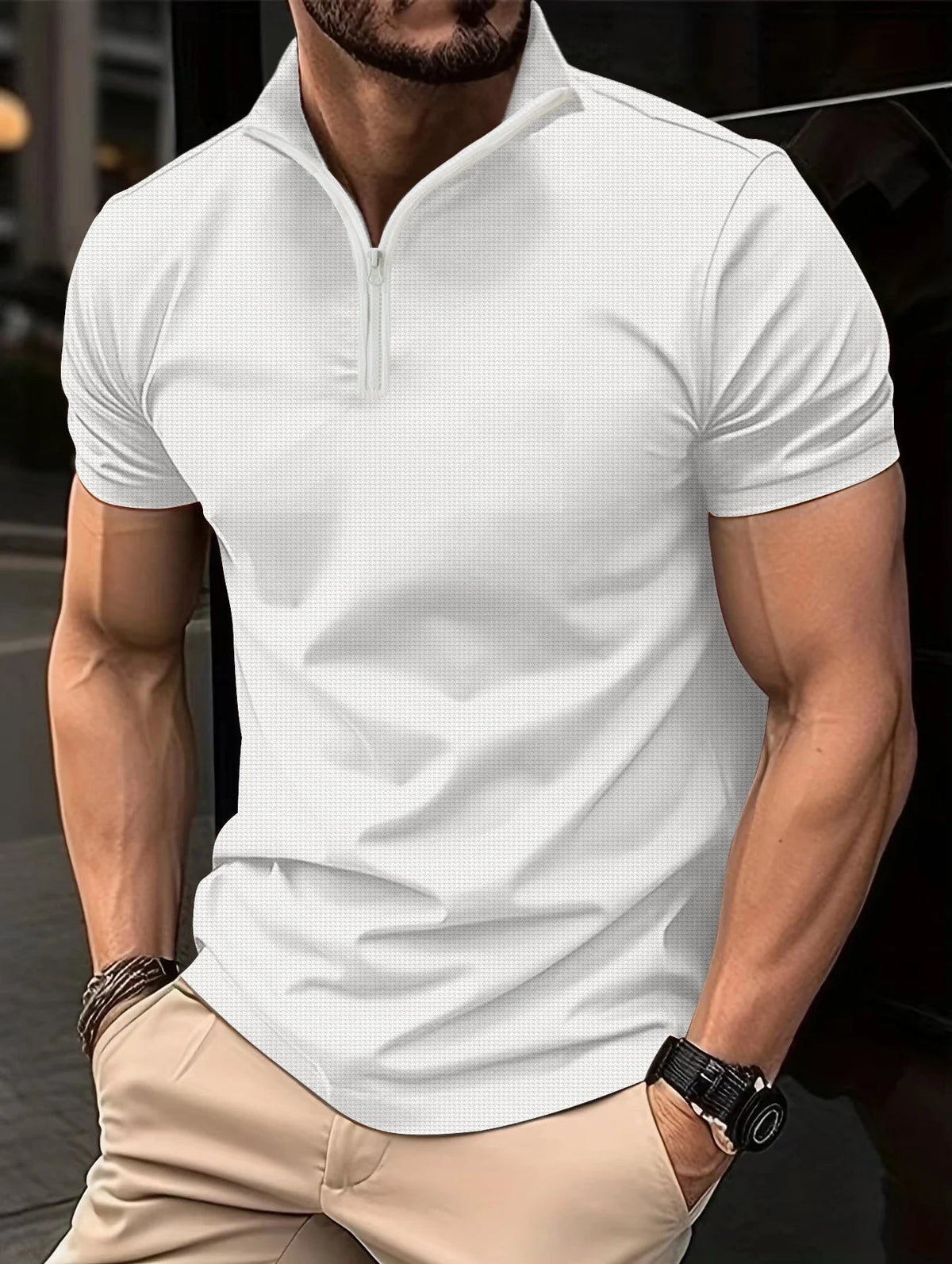 Sporty and Casual: Henley Collar Zip-Up T-Shirt for Men