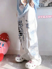 Y2K Anime Print White Pants Women Harajuku Wide Leg Trousers