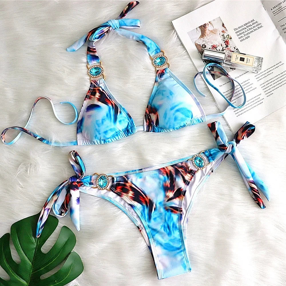 Print Sexy Bikinis Swimsuit With Rhinestones Women's Swimwear