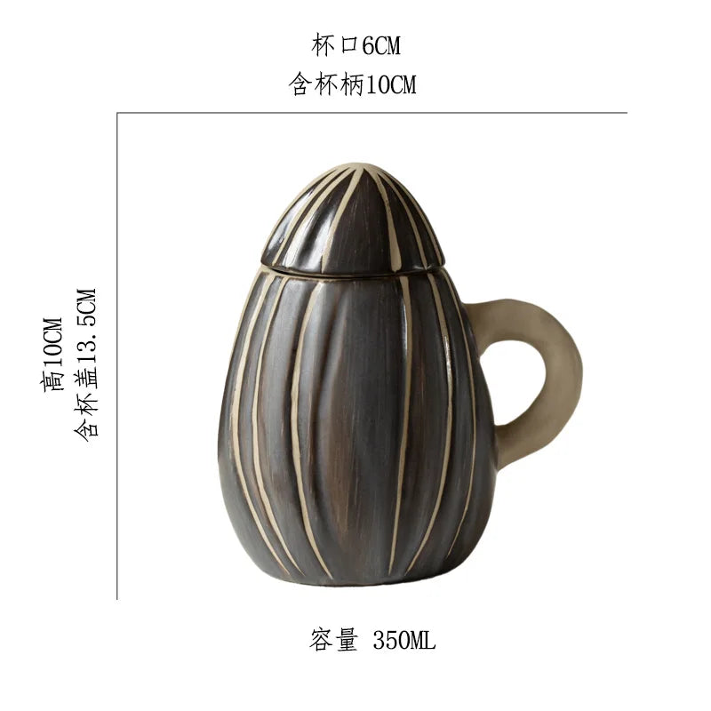 Melon Seed Mug with Hand-Carved Design and Ceramic Lid